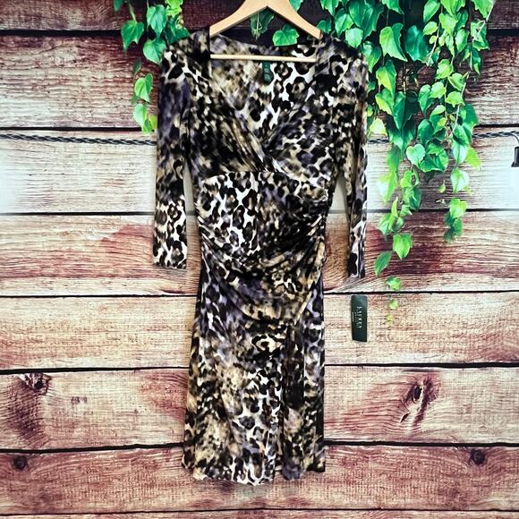 $144 Lauren Ralph Lauren Midi Dress Size 6 Animal Cheetah Print Ruched Wrap - Picture 2 of 5